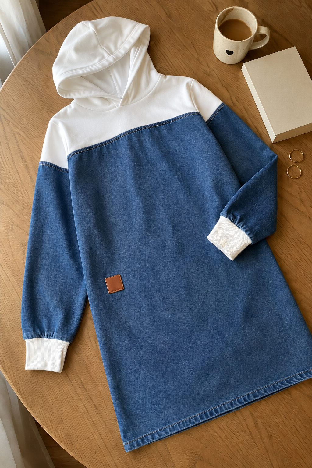 Denimkjole med hætte set fra siden