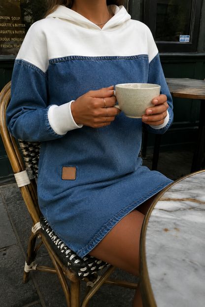 Denimkjole med hætte detalje set tæt på
