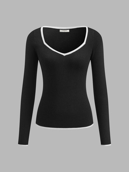Ragnborg | Ribstrik Sweater med V-Hals og Kontrastkant