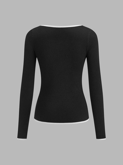 Ragnborg | Ribstrik Sweater med V-Hals og Kontrastkant